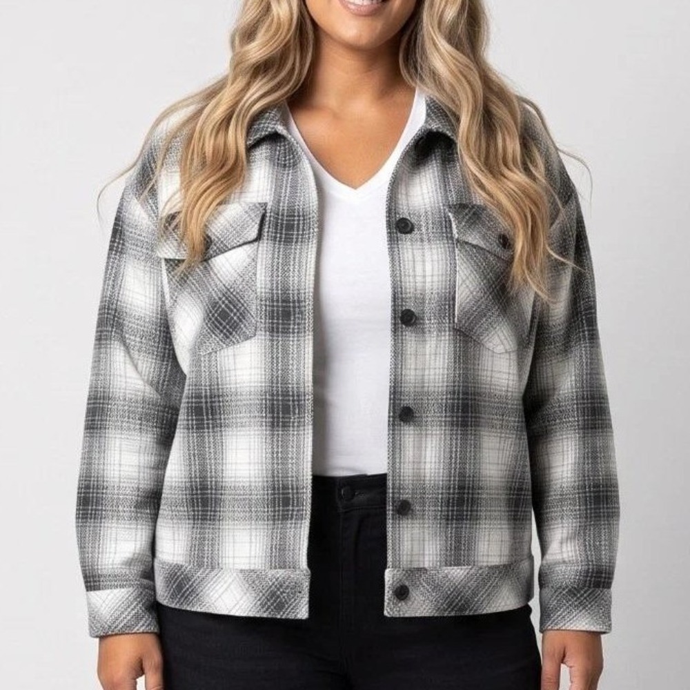 NWOT Boston Traders Women's Large Gray Plaid Tweed Shacket Jacket Polyester